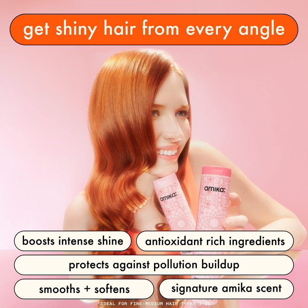 amika Mirrorball pump and label close-up highlighting product info