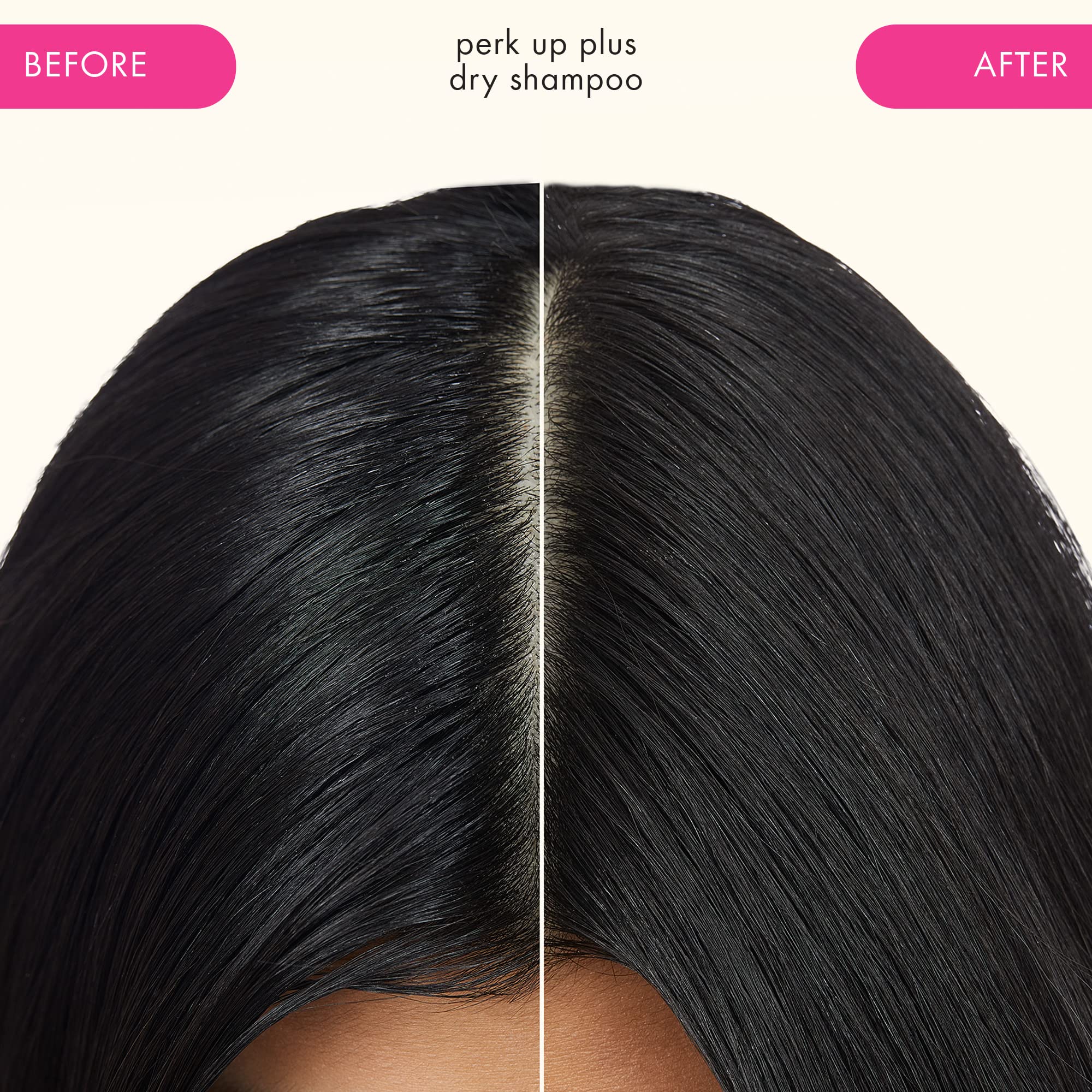 Spraying Amika Perk Up Plus onto roots to refresh hair and lift oil