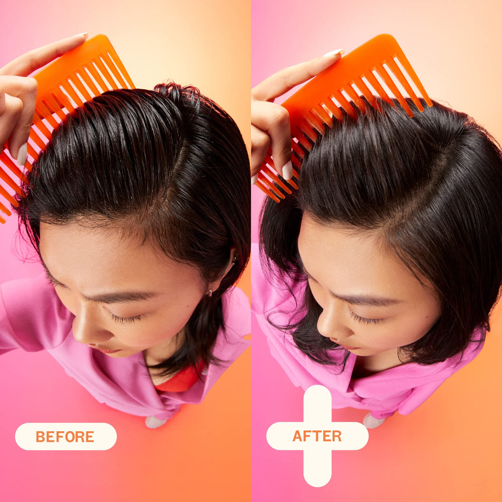 Before and after roots using Amika Perk Up Plus showing cleaner-looking scalp