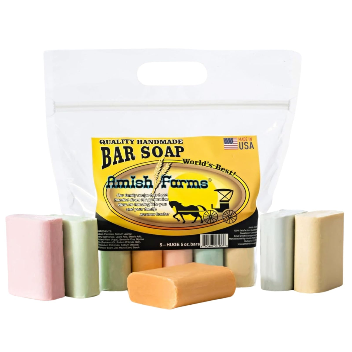 Amish Farms front packaging showing five-bar value pack and clear labeling benefit