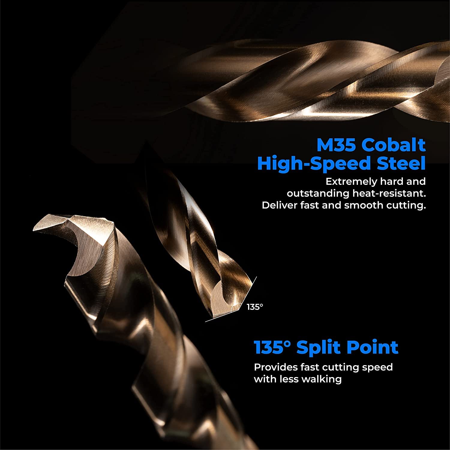 amoolo close-up of 135° split point tip for reduced walking and accuracy
