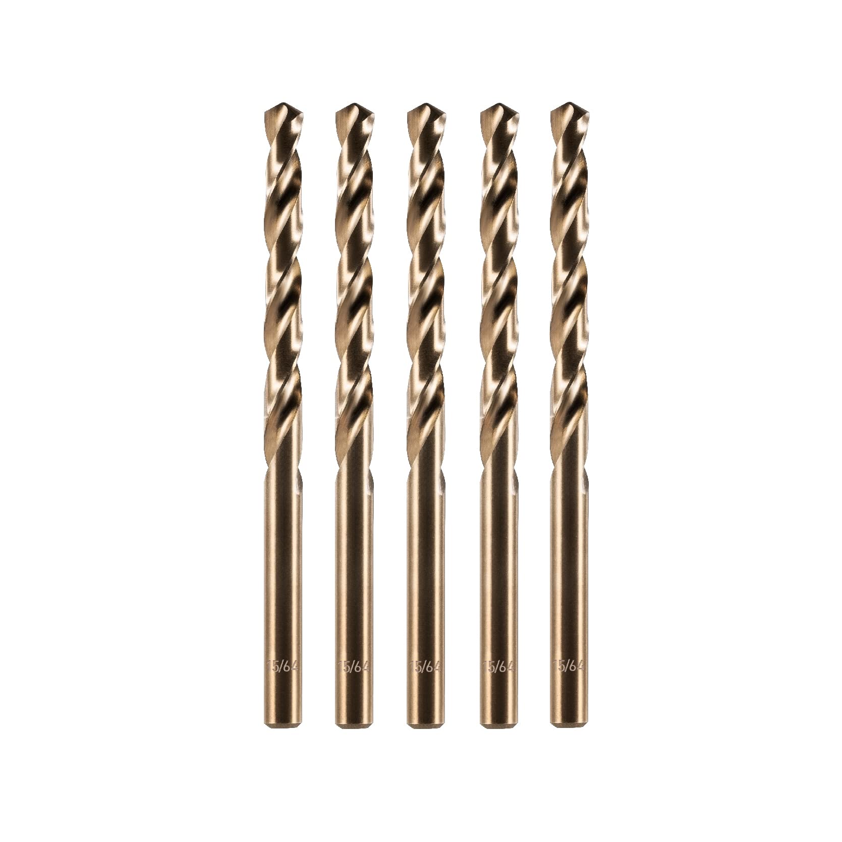amoolo front packaging showing five 15/64" cobalt drill bits and benefits