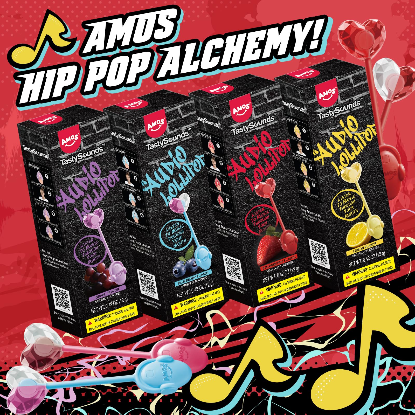 Amos TastySounds assorted fruit flavors displayed emphasizing variety benefit