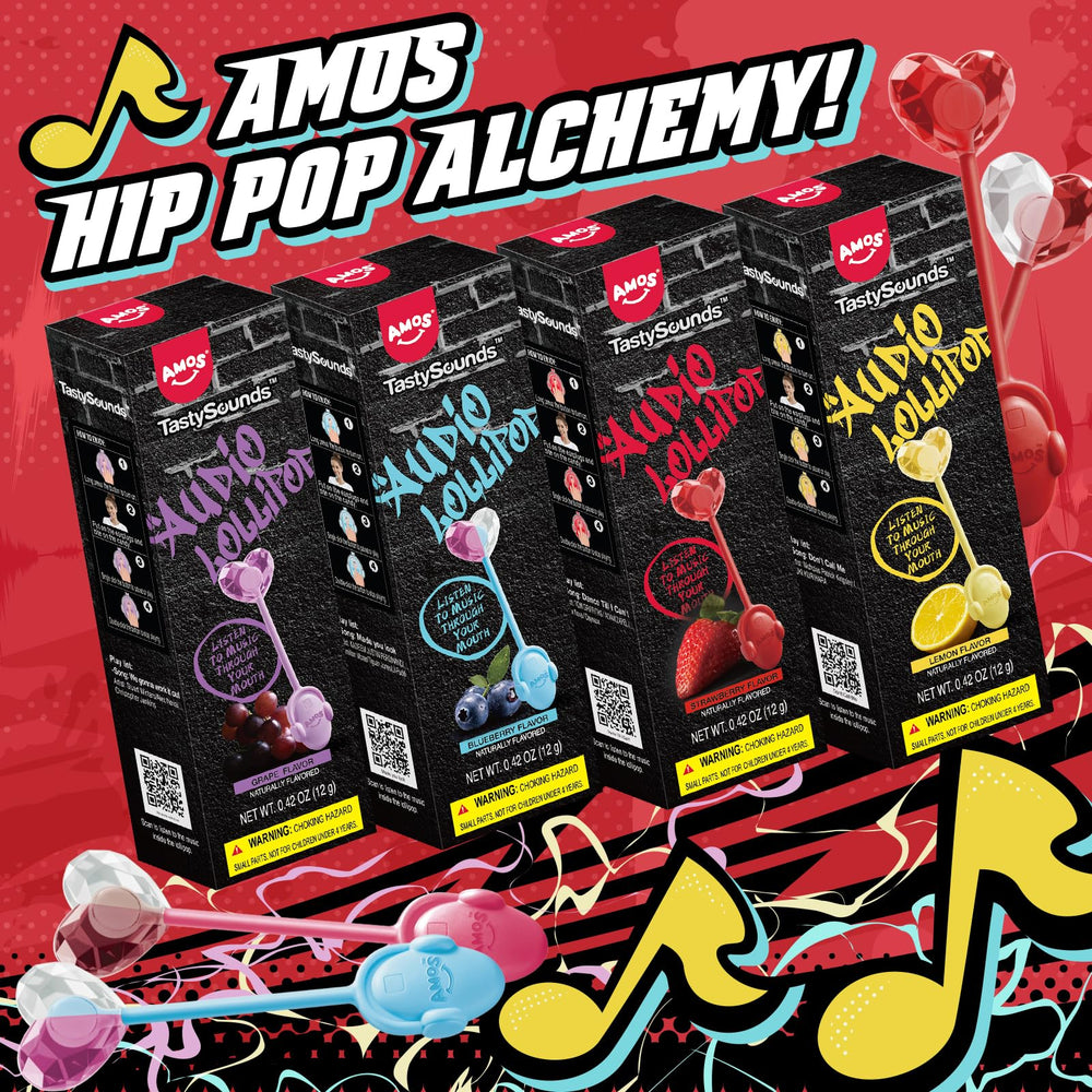 Amos TastySounds assorted fruit flavors displayed emphasizing variety benefit