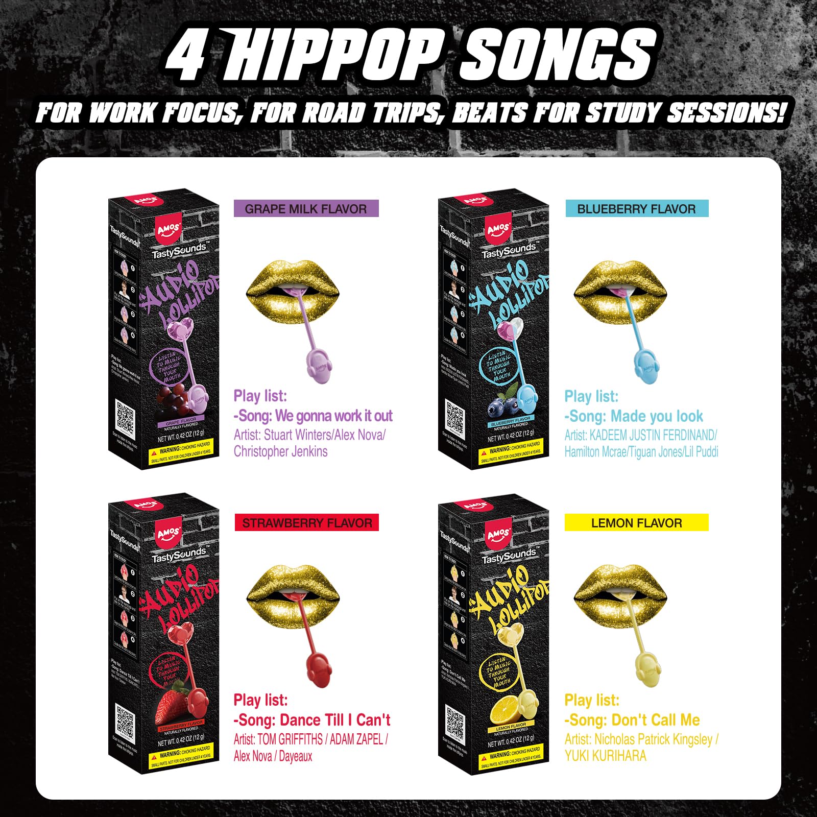 Amos TastySounds individually wrapped sucker highlighting freshness benefit