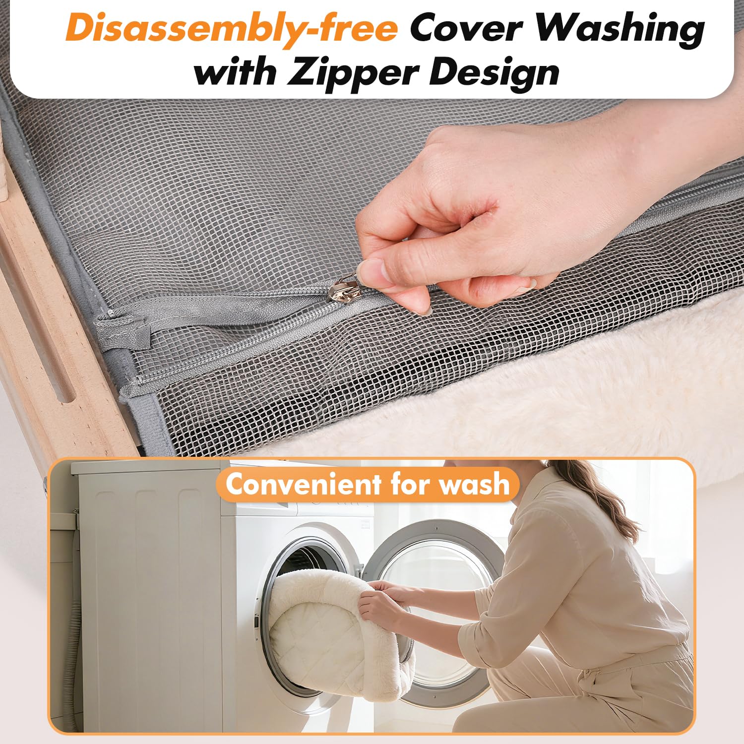 AMOSIJOY close-up of plush zipper cushion highlighting softness and easy cleaning benefit