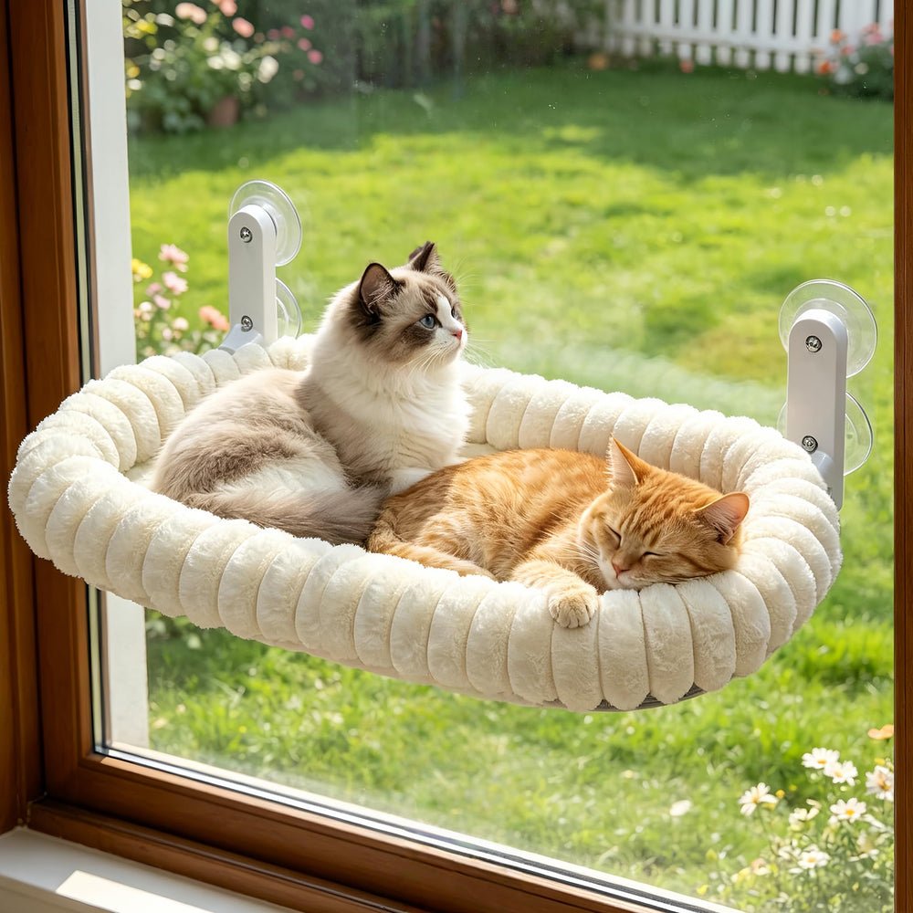 AMOSIJOY front view of XL window perch showing roomy cloud-soft bed and mounting