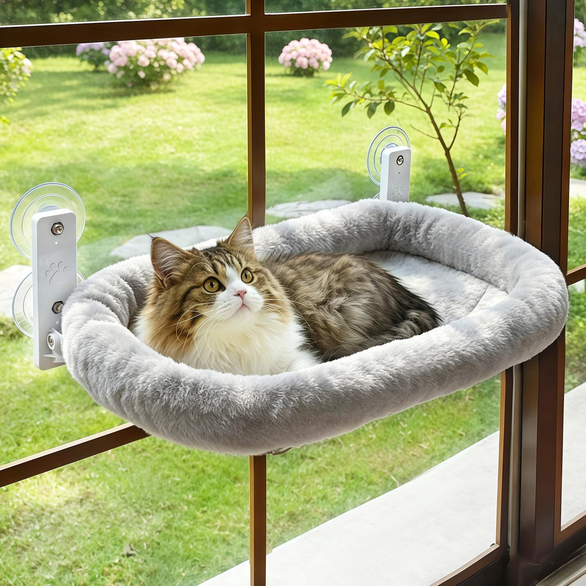 AMOSIJOY window perch front view showing stable frame and cushion benefit comfort