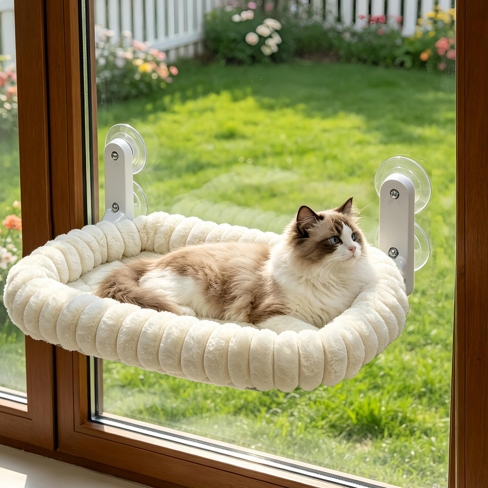 AMOSIJOY front view of window perch showing white frame and cushion, stable sun lounging