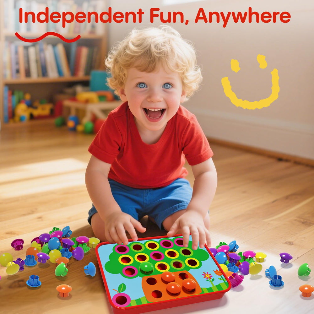 AMOSTING child placing buttons on pegboard, highlights fine motor development