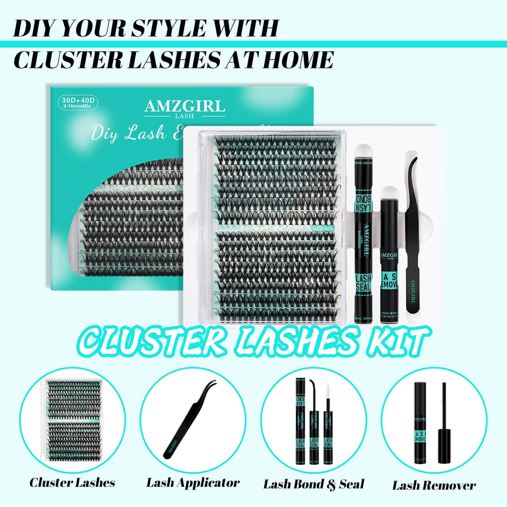 AMZGIRL LASH mixed 9–16mm cluster lengths demonstrating natural taper