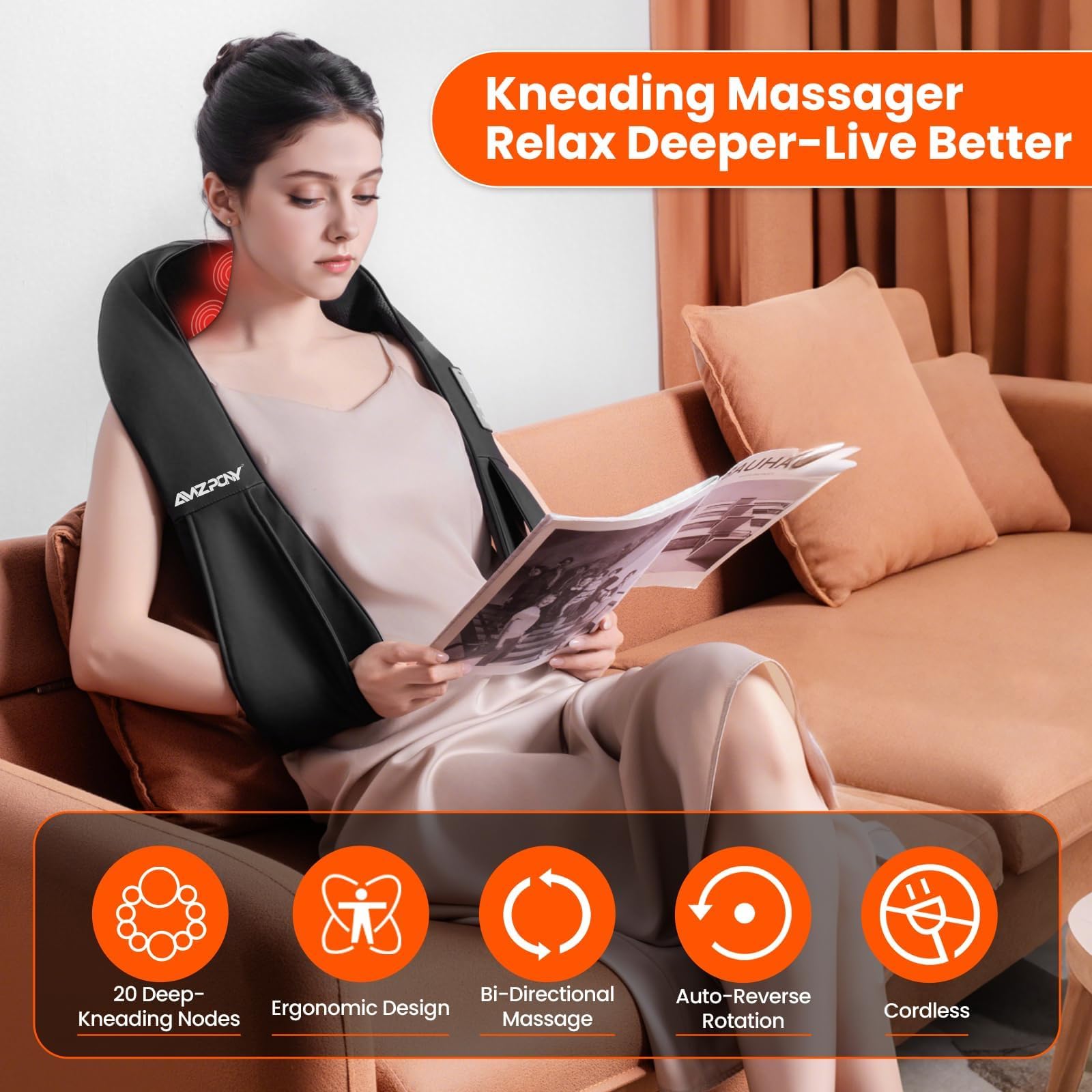 AMZPONY massager in use on neck and shoulders providing on-the-go relaxation