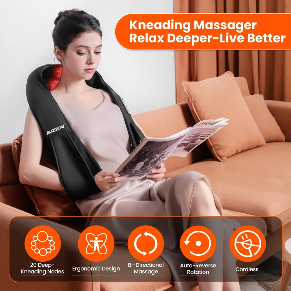 AMZPONY massager in use on neck and shoulders providing on-the-go relaxation