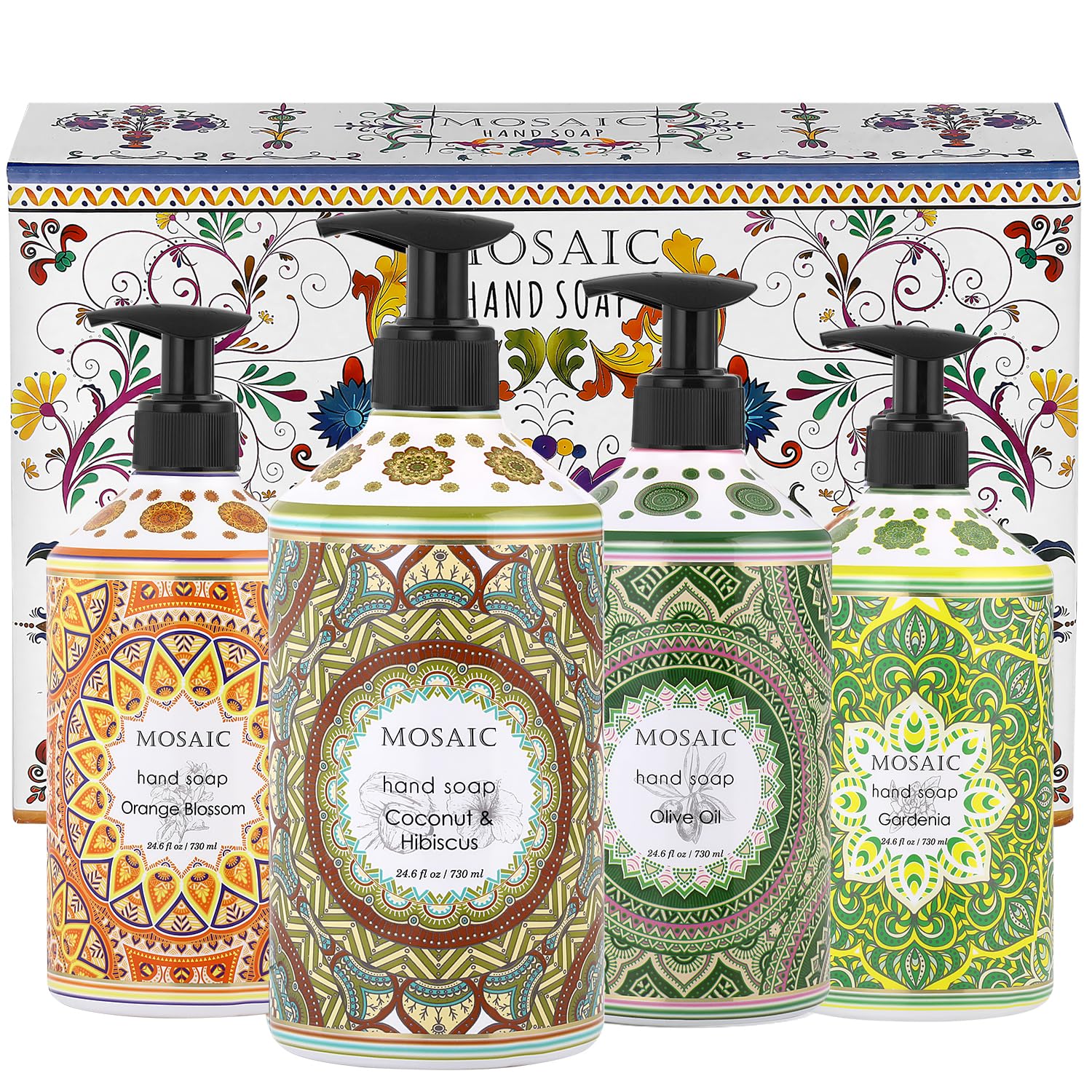 AnatoliaDaphne front packaging of four-scent mosaic hand soap set showcasing elegant bottles and pumps