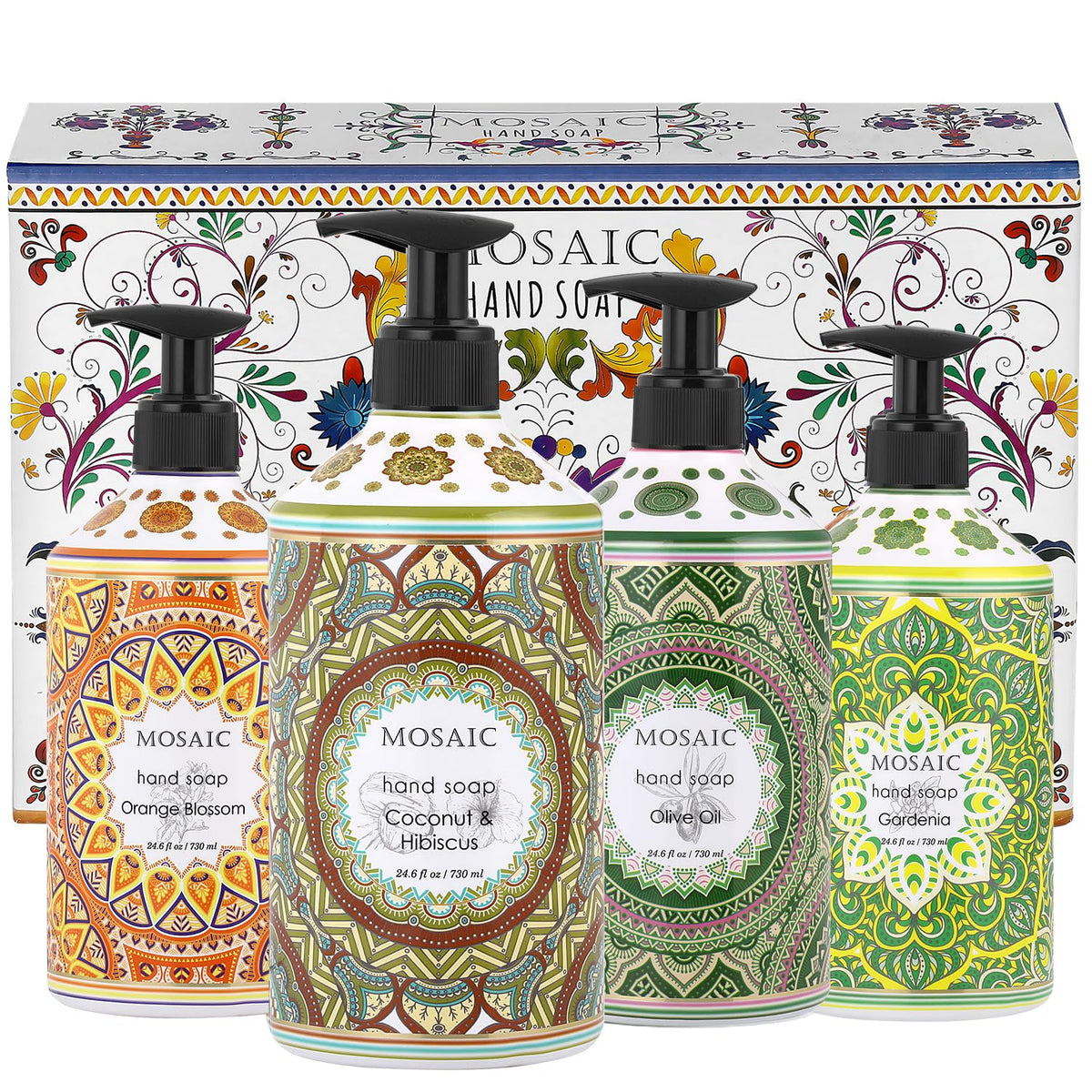 AnatoliaDaphne front packaging of four-scent mosaic hand soap set showcasing elegant bottles and pumps