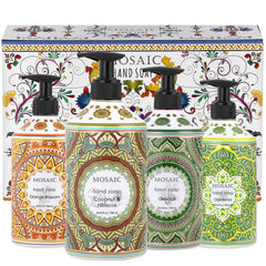 AnatoliaDaphne front packaging of four-scent mosaic hand soap set showcasing elegant bottles and pumps