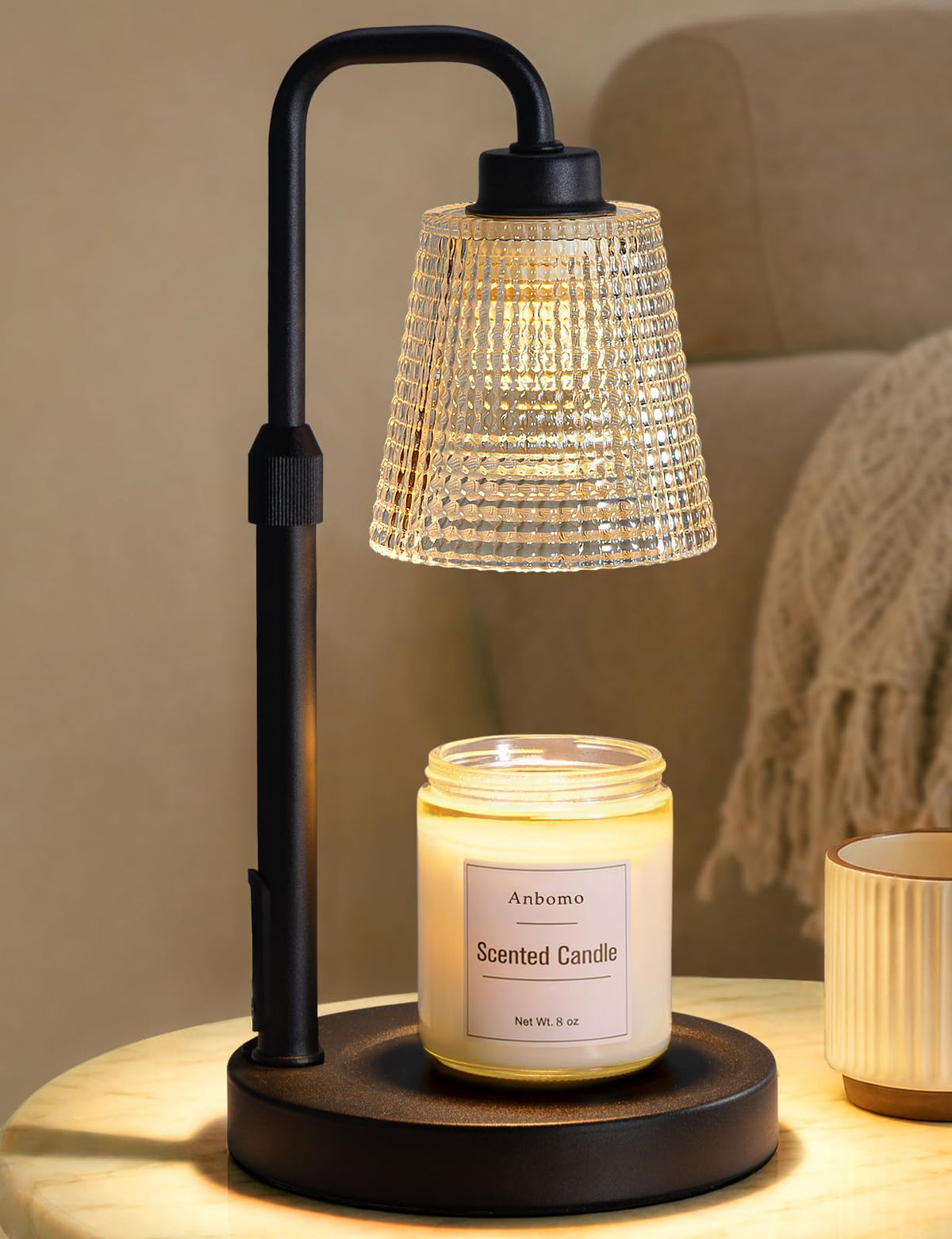Anbomo lamp front view showing elegant metal base and glass shade, enhances room style