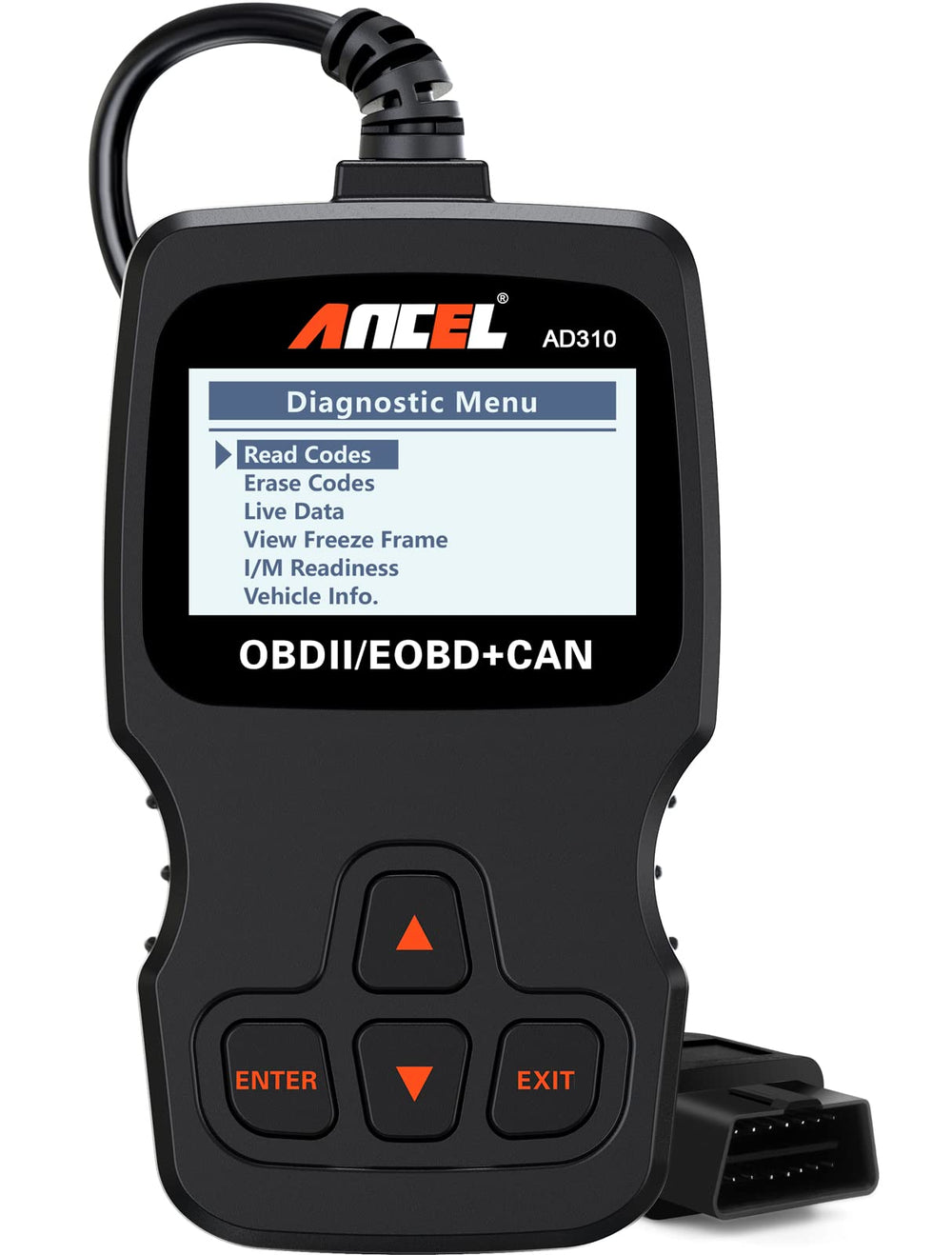 ANCEL AD310 front view showing rugged housing and buttons for easy diagnostics