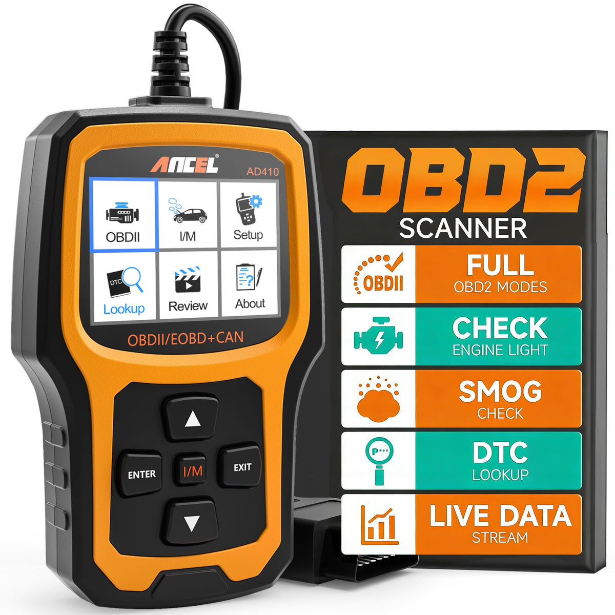ANCEL AD410 front view showing buttons and color screen for quick diagnostics benefit