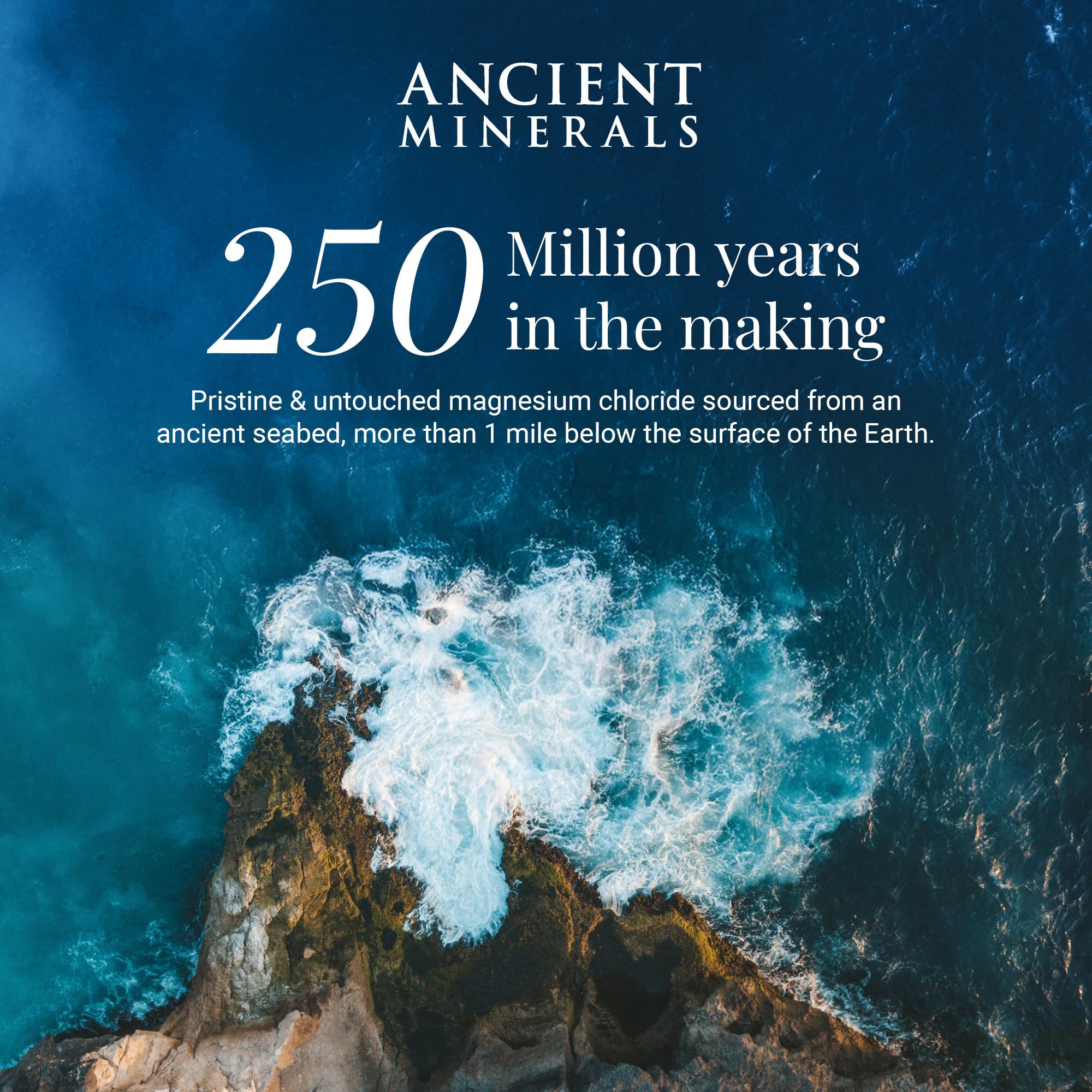 Ancient Minerals bottle with seabed graphic evoking deep-source Zechstein origin benefit
