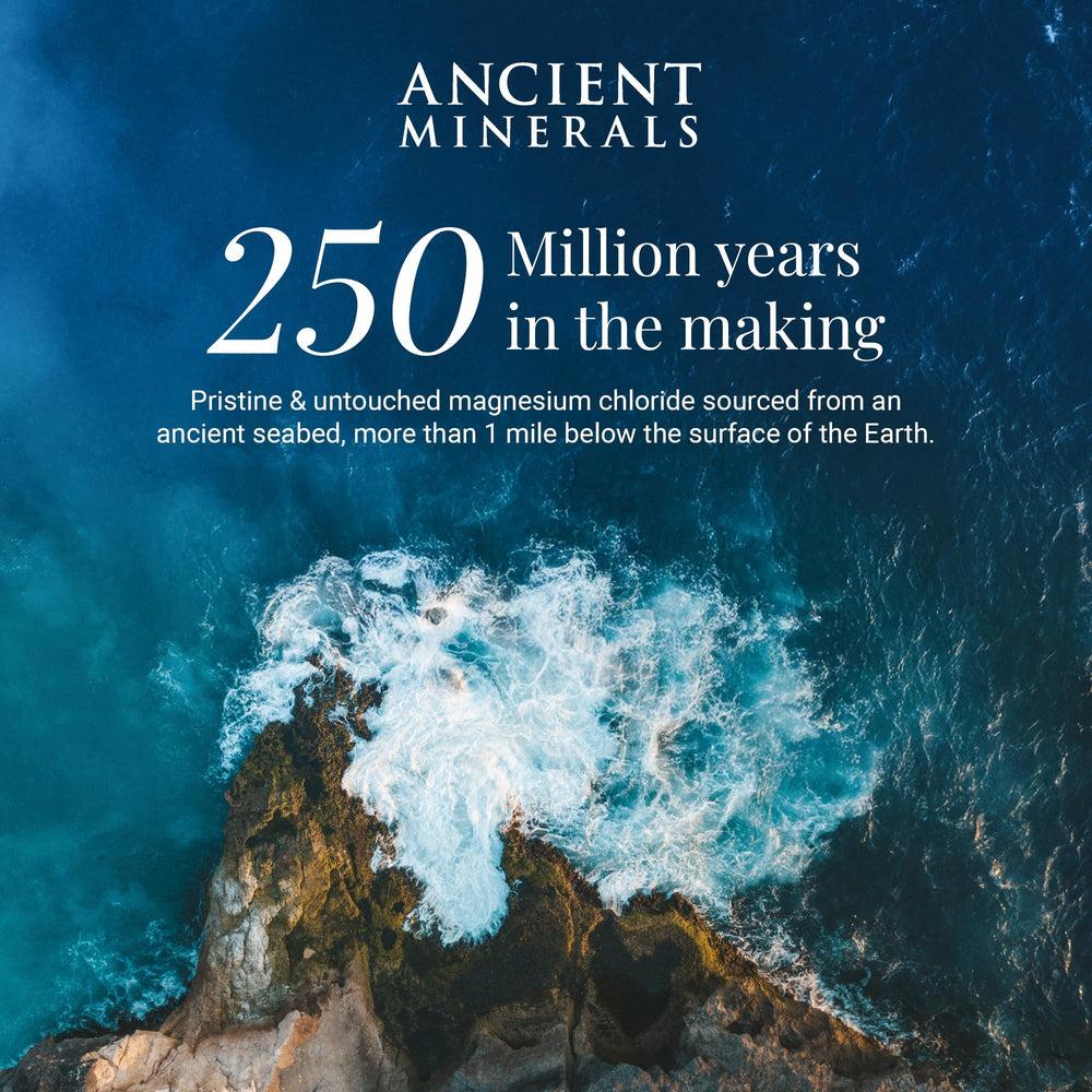 Ancient Minerals bottle with seabed graphic evoking deep-source Zechstein origin benefit