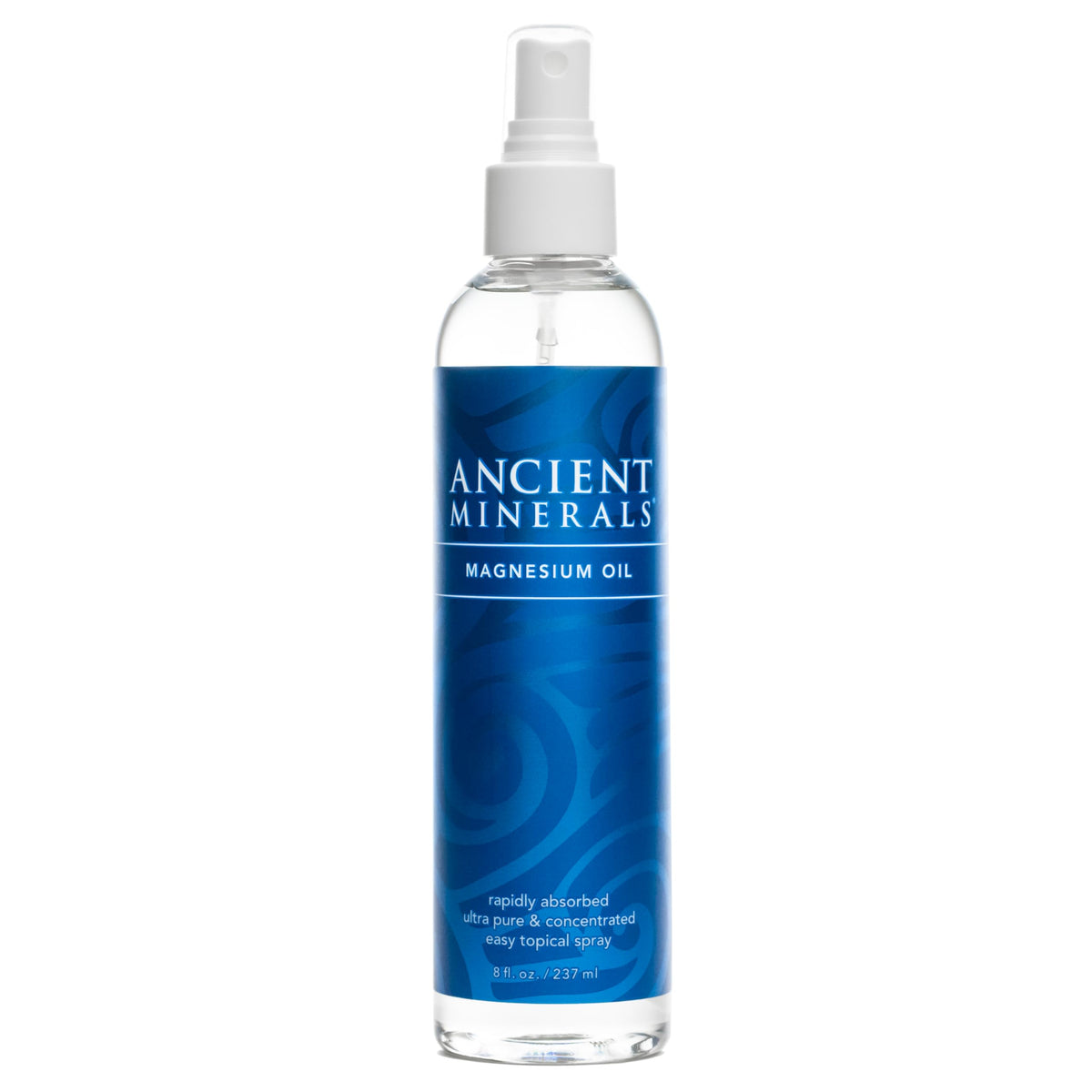 Ancient Minerals front packaging showing 8oz bottle and clear label, promotes purity