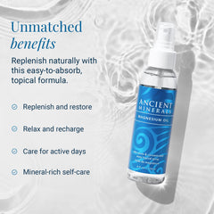 Ancient Minerals mist droplets on skin demonstrating quick absorption and lightweight feel