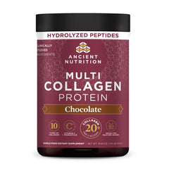 Ancient Nutrition front packaging showing chocolate collagen benefits