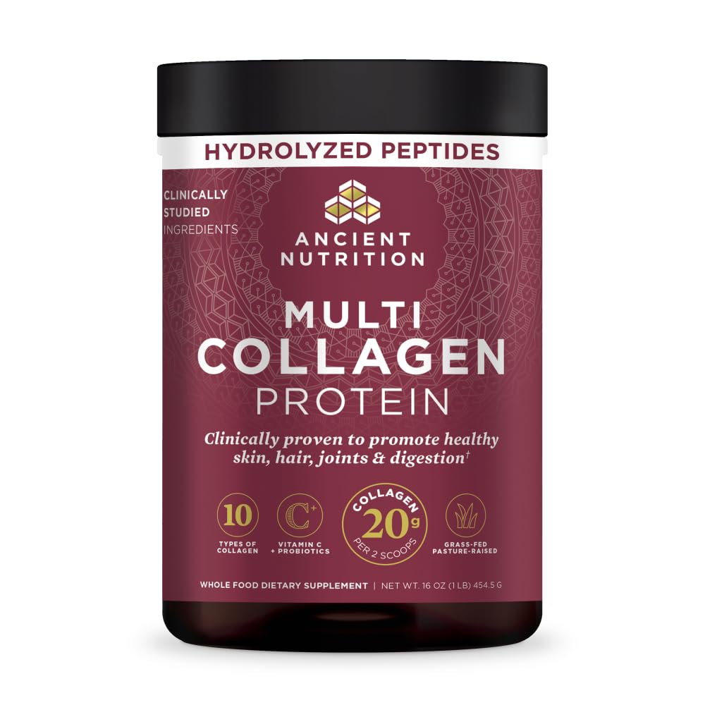 Ancient Nutrition front packaging showing unflavored collagen powder for versatile use
