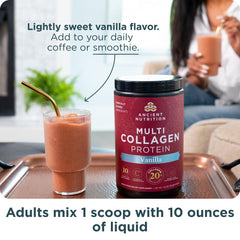 Ancient Nutrition powder dissolving in glass of water demonstrating smooth, clump-free mix