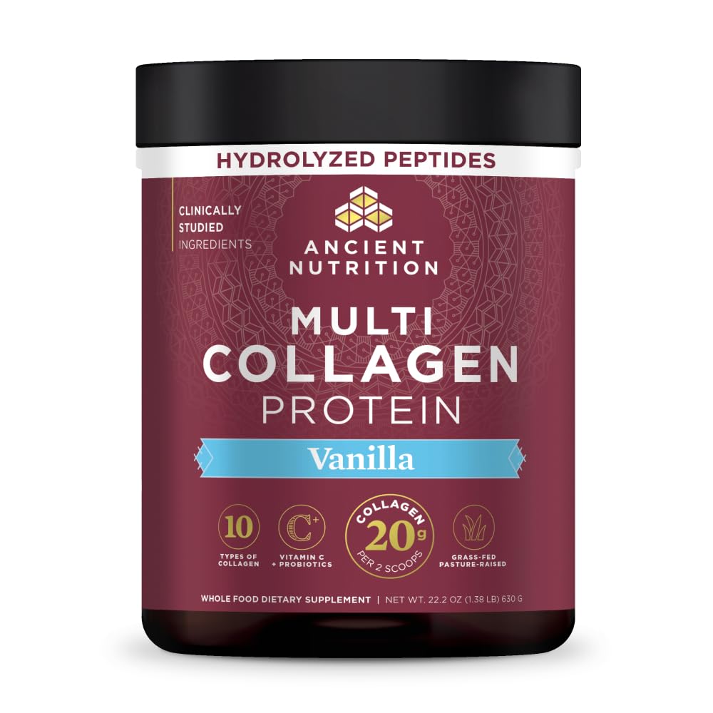 Ancient Nutrition front label of vanilla multi collagen powder showing product benefits