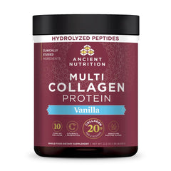 Ancient Nutrition front label of vanilla multi collagen powder showing product benefits