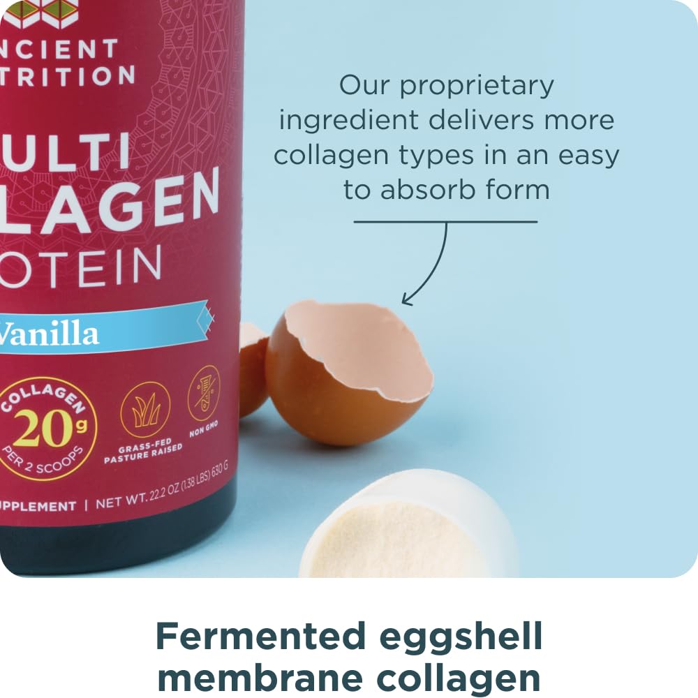 Ancient Nutrition blended vanilla collagen smoothie served in clear glass for daily use