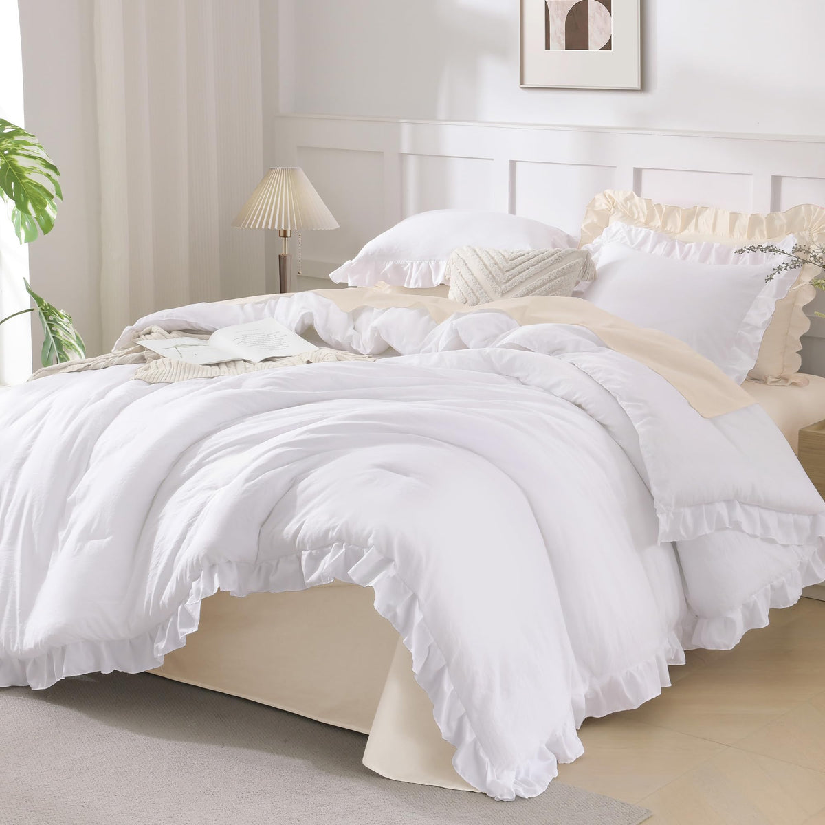 Andency front view of queen comforter showing neat ruffles and bright white elegance