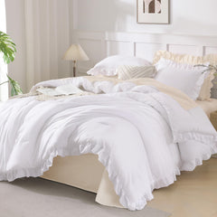 Andency front view of ruffled comforter showing clean farmhouse look and easy styling benefit