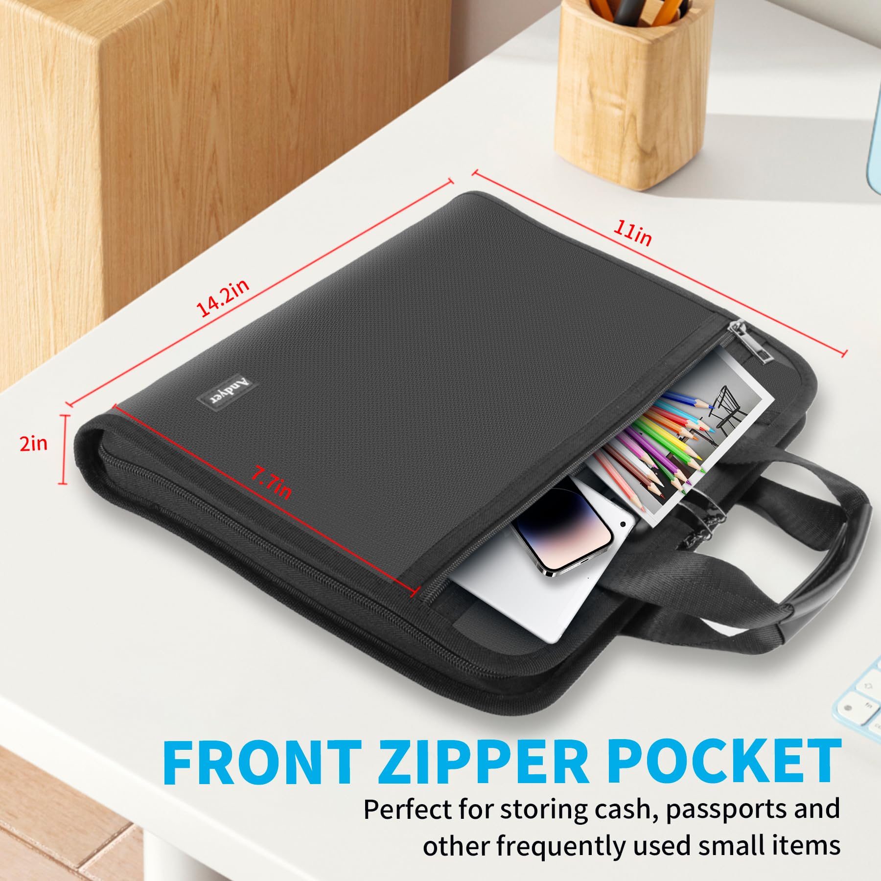 andyer front zip pocket in use holding passport and cash for easy access