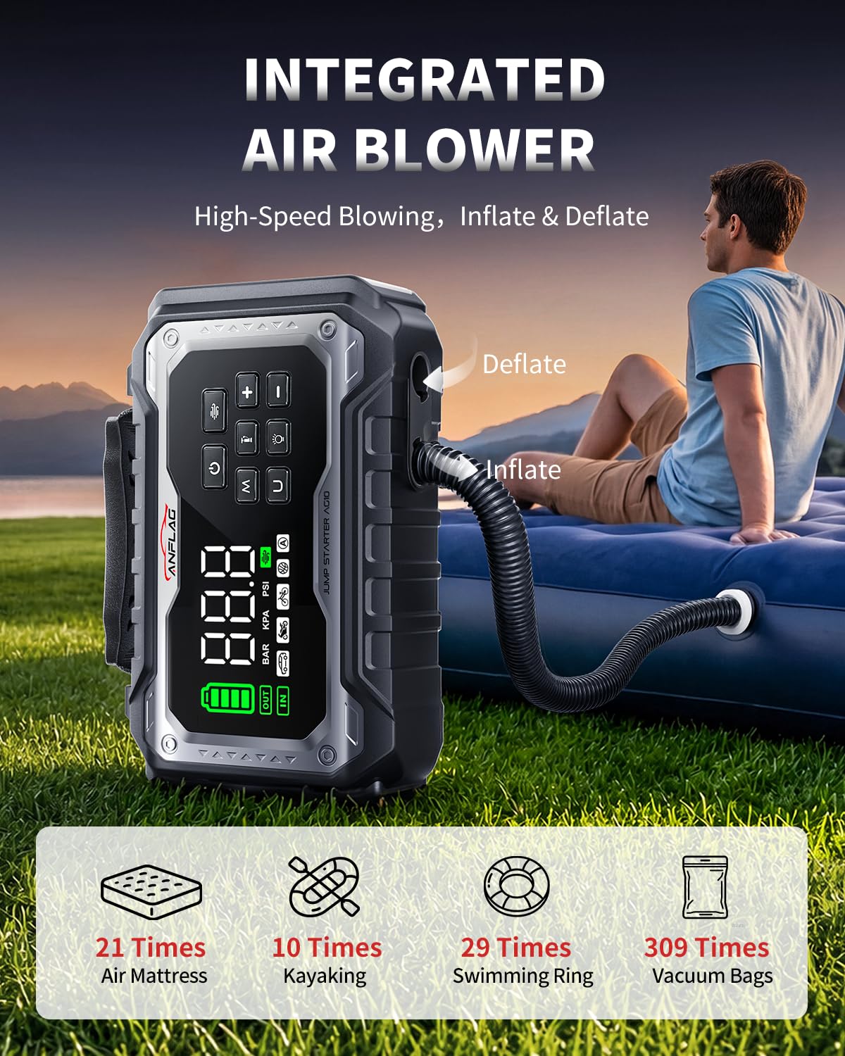 ANFLAG high-volume blower inflating a kayak quickly for faster water prep