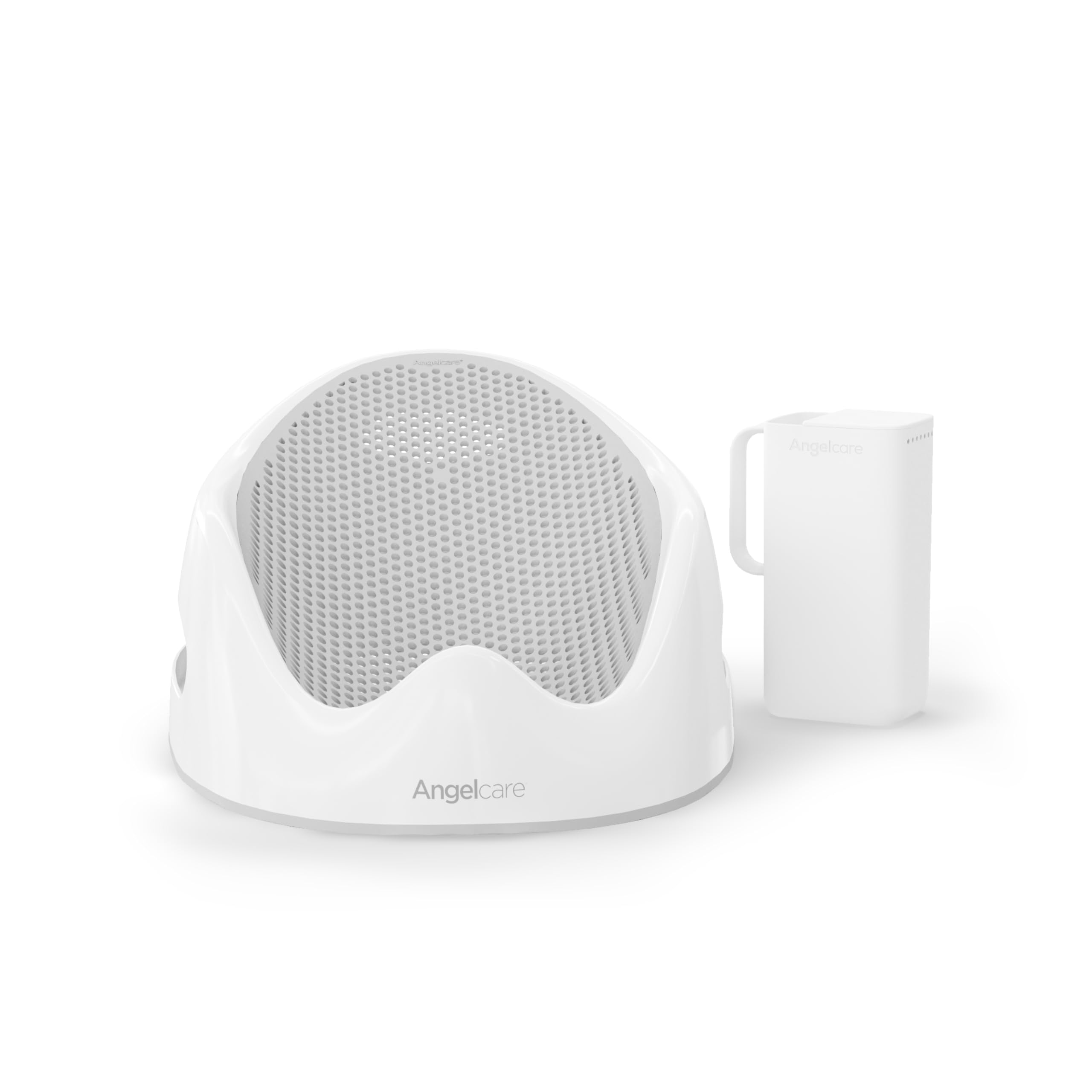 Angelcare bath support front view showing gray soft-touch comfort benefit