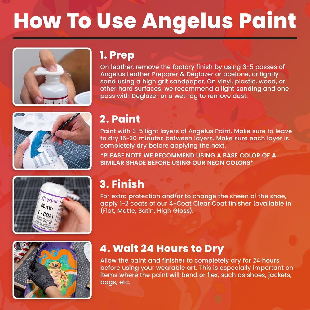 Back label of Angelus bottle with usage directions and water-based formula info