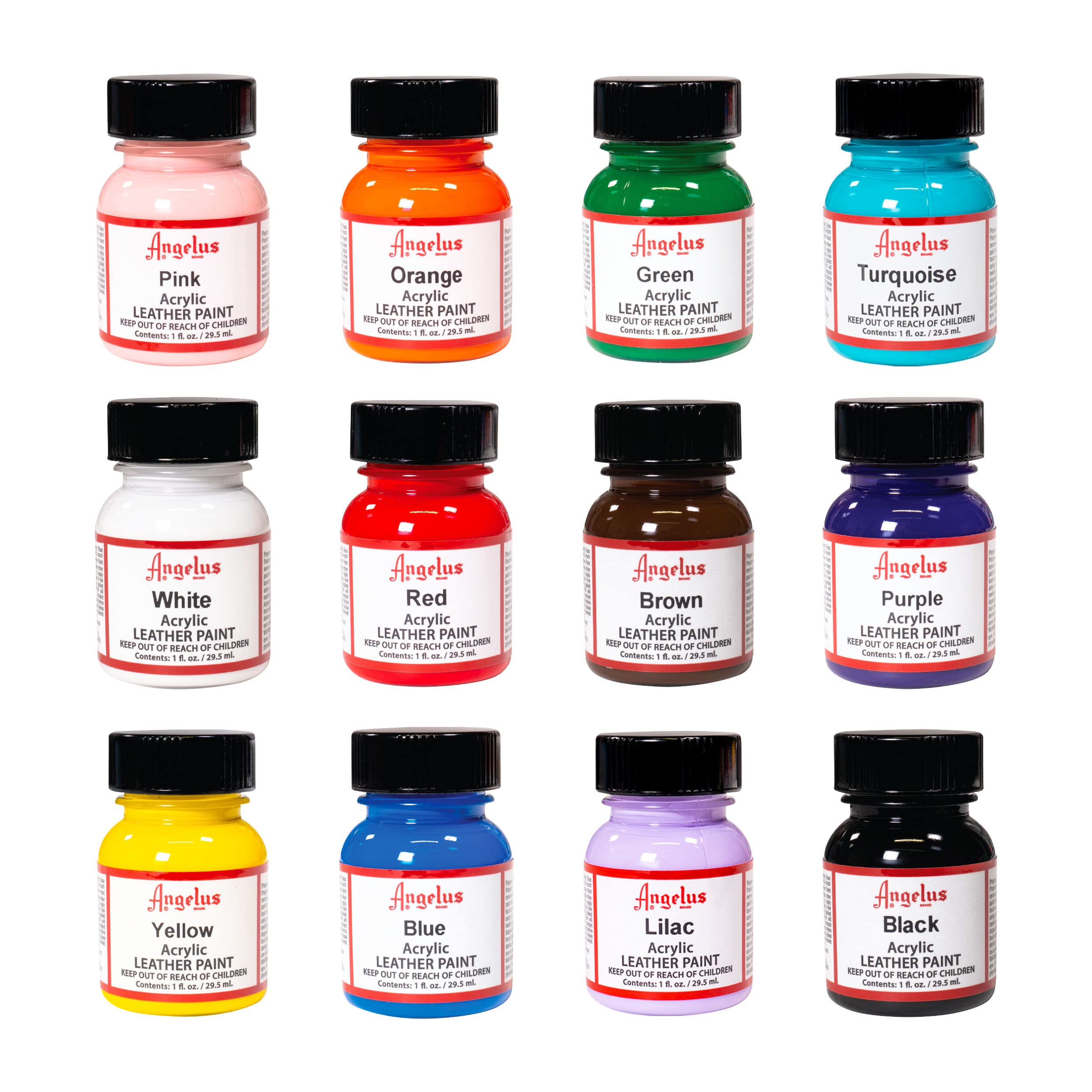 Angelus kit front packaging showing 12 colors and clear labels for easy selection