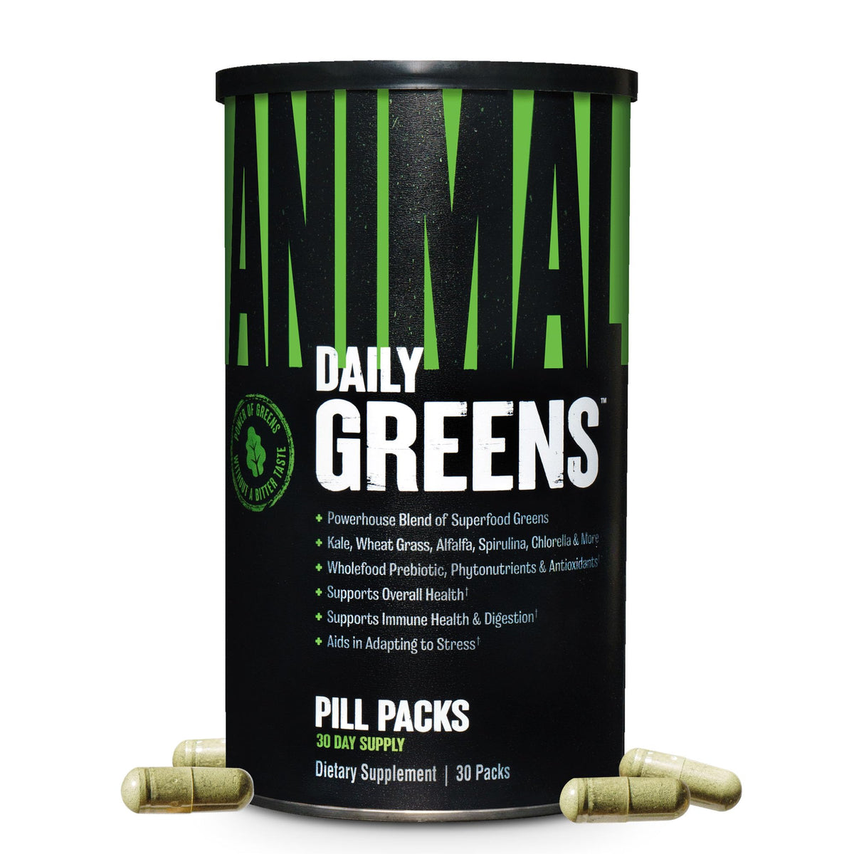 Animal Daily Greens front packaging showing monthly 30-pack convenience and benefits