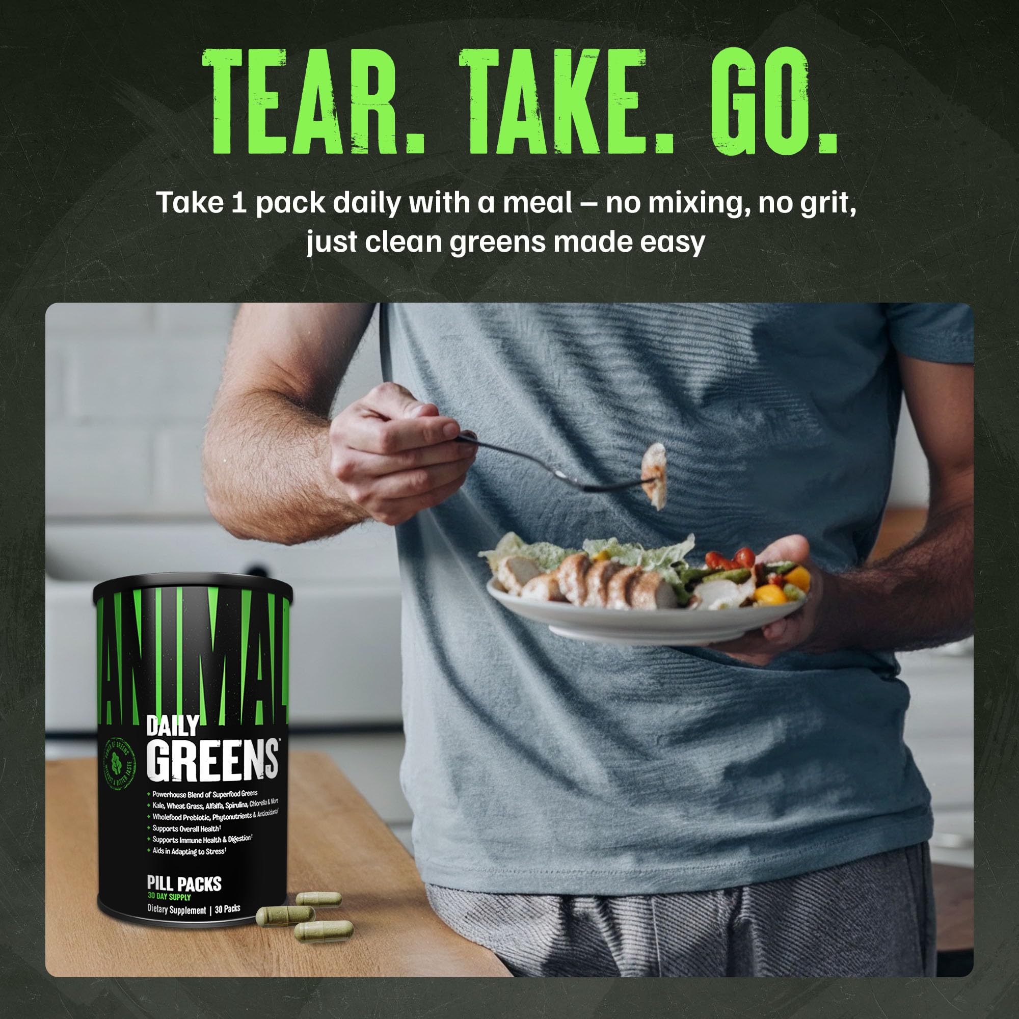 Animal Daily Greens ingredient blend detail highlighting spirulina and kale nutrient density