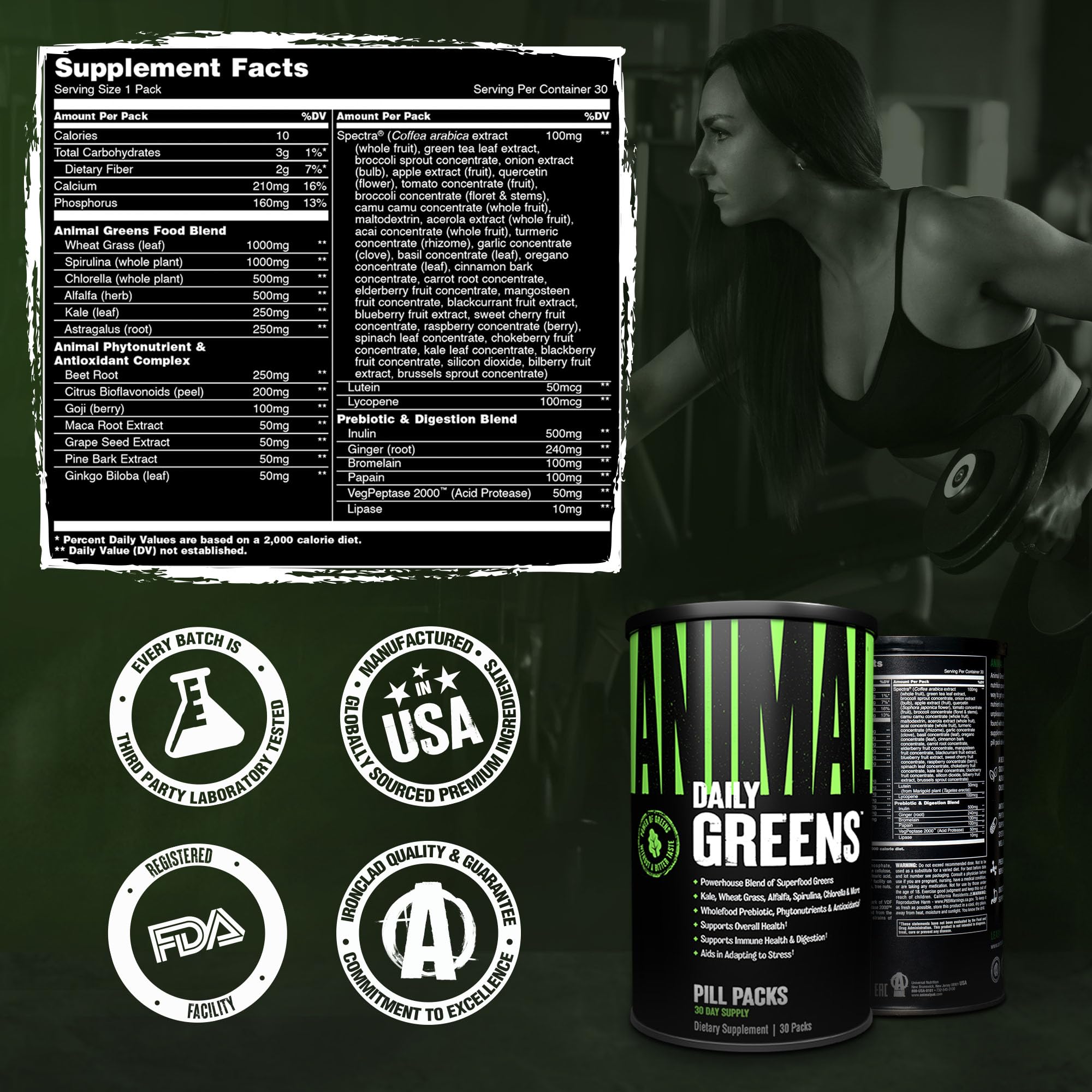 Animal Daily Greens label and certifications displaying GMP and third-party testing assurance