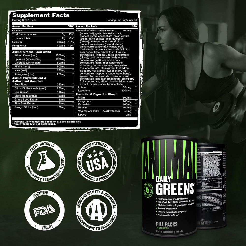 Animal Daily Greens label and certifications displaying GMP and third-party testing assurance
