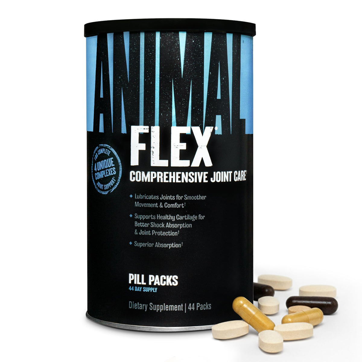 Animal Flex front packaging showing 44 daily pill packs for joint support