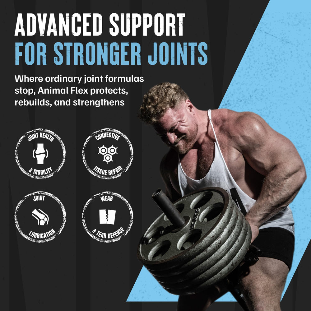 Animal Flex ingredients label highlighting glucosamine, chondroitin, hyaluronic acid benefits