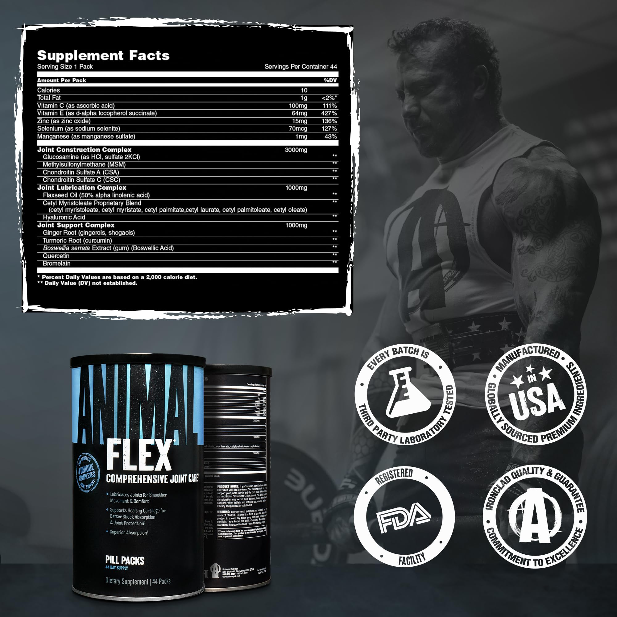 Animal Flex pack with scale and contents demonstrating pack size and easy portioning benefit
