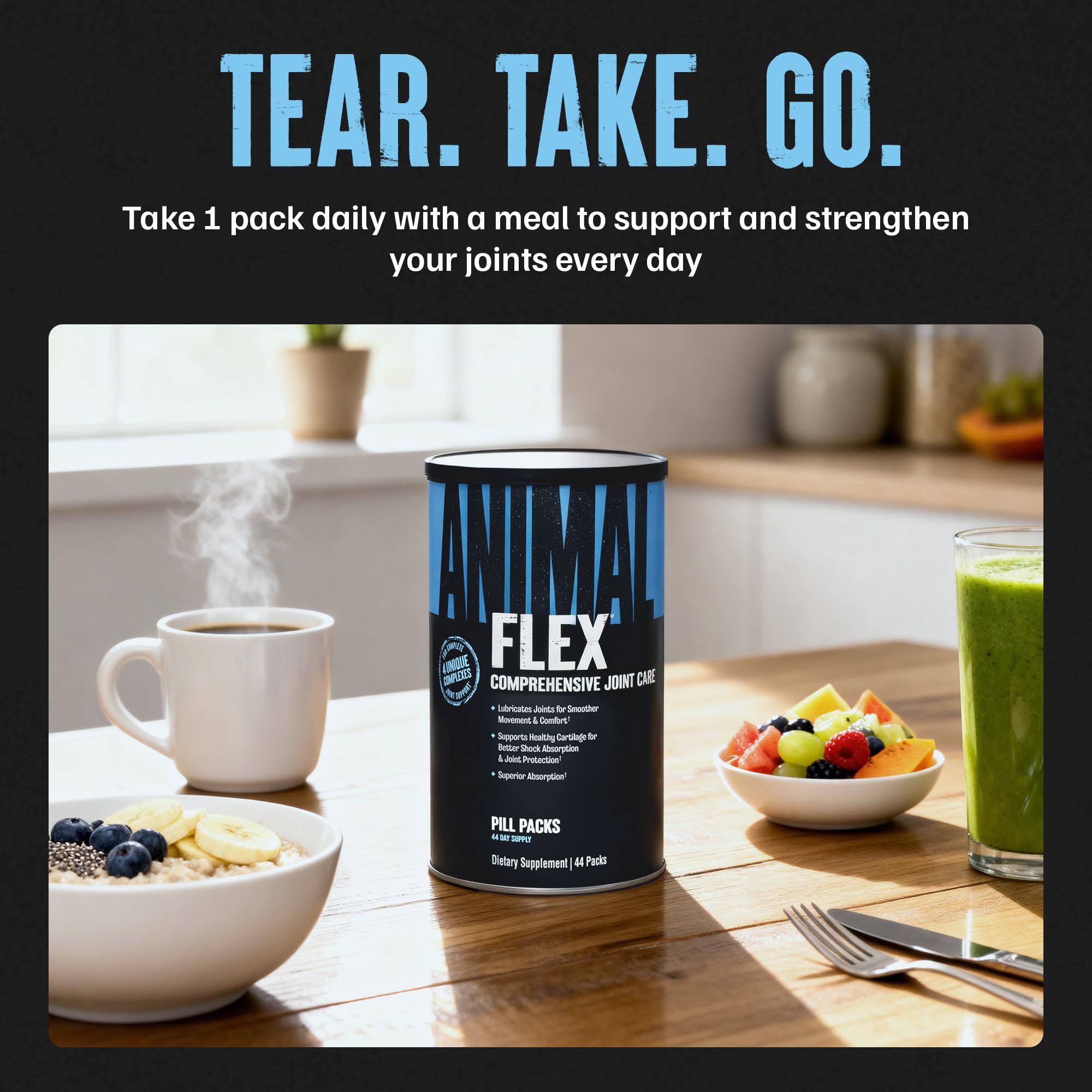 Animal Flex pill packs held in hand illustrating travel-ready convenience and dosing ease