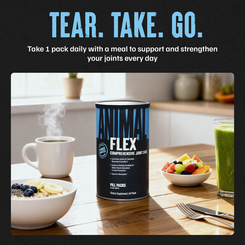 Animal Flex pill packs held in hand illustrating travel-ready convenience and dosing ease