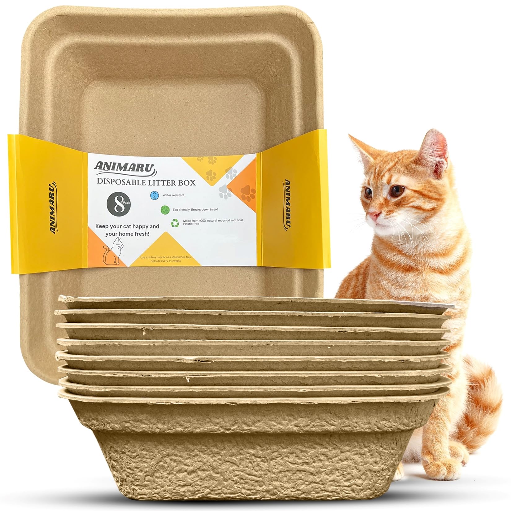 Animaru front view of 8-pack large compostable litter boxes showing packaging and size benefits